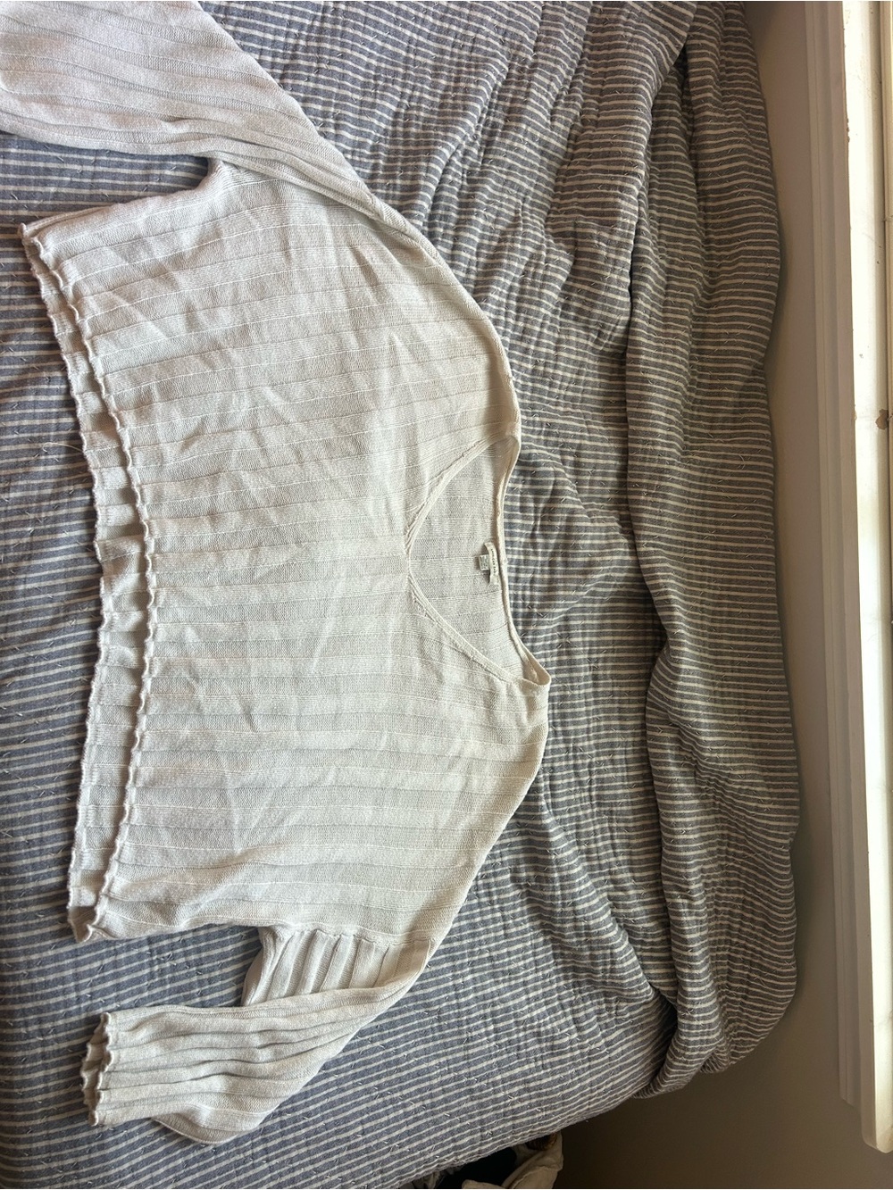 American Eagle Outfitters Cream Ribbed Scoop-Neck Long Sleeve Top